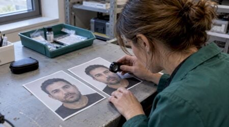 Forensic analyst comparing face morph photographs