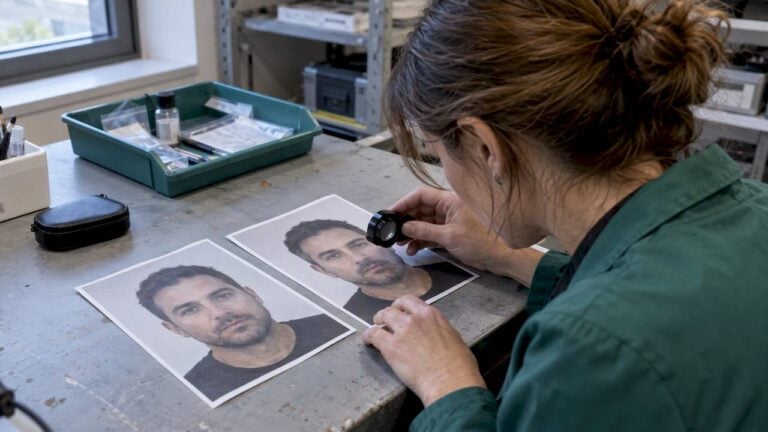 Forensic analyst comparing face morph photographs