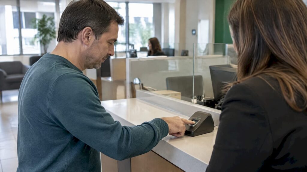 Customer authenticates with a fingerprint reader