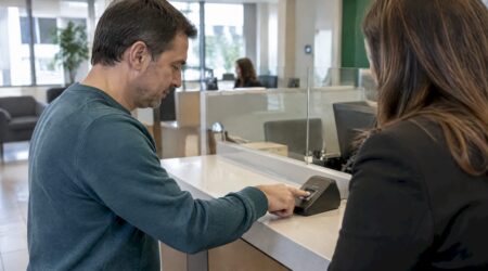 Customer authenticates with a fingerprint reader