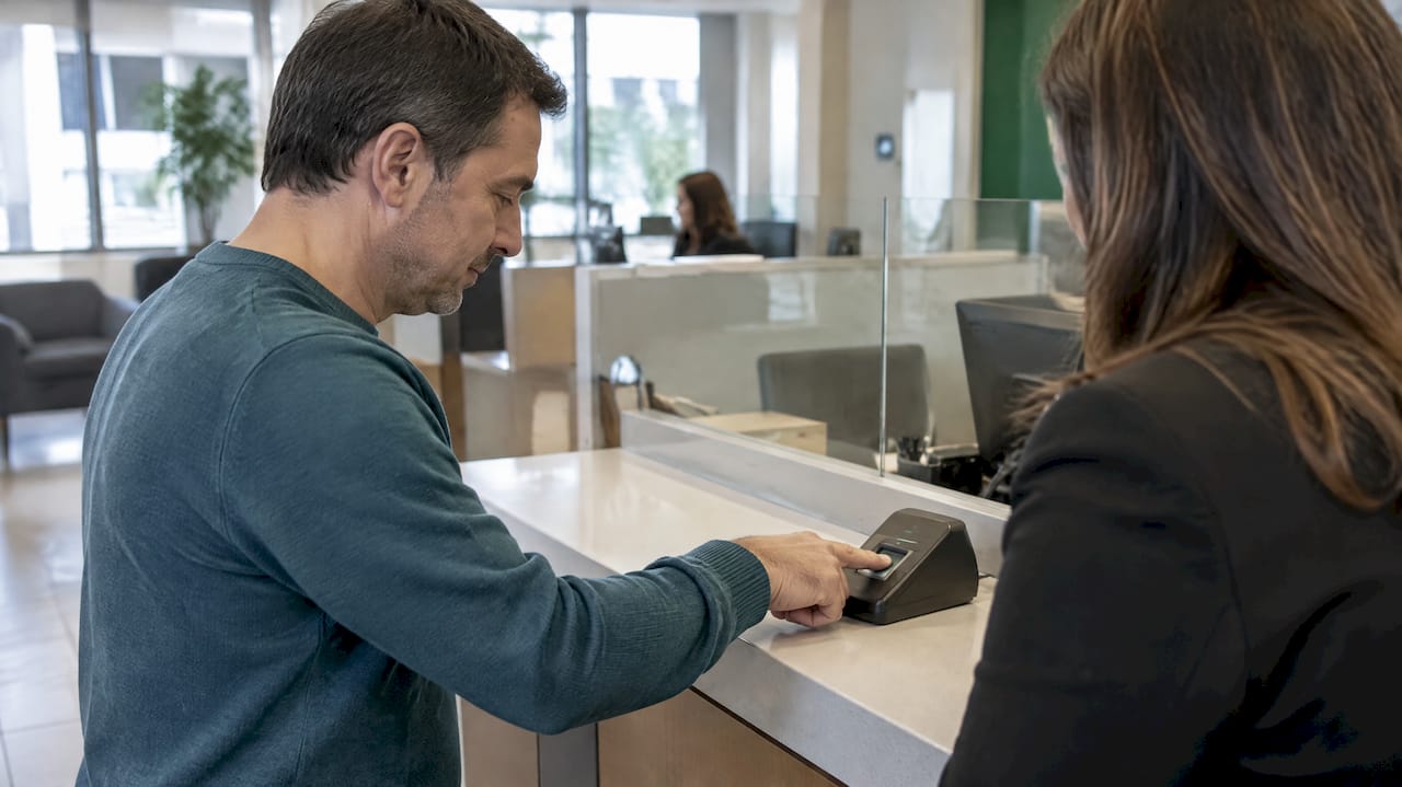 Customer authenticates with a fingerprint reader