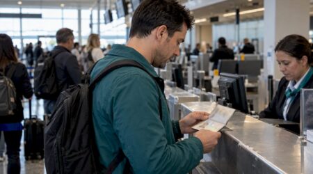 Traveler checking a passport before boarding