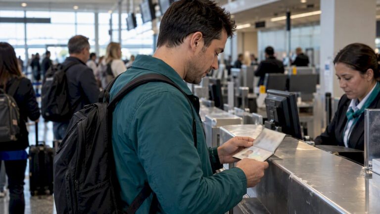Traveler checking a passport before boarding