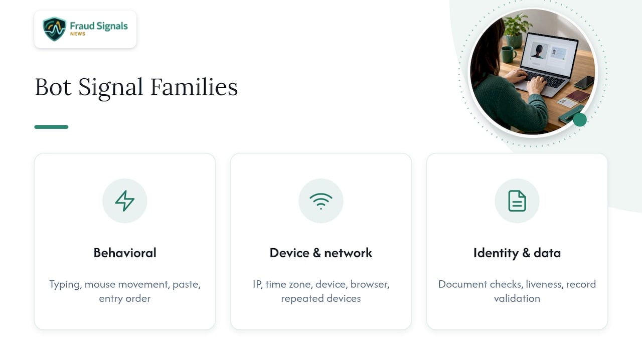 Three families of onboarding bot detection signals