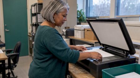 Staff member prepares a document for scanning